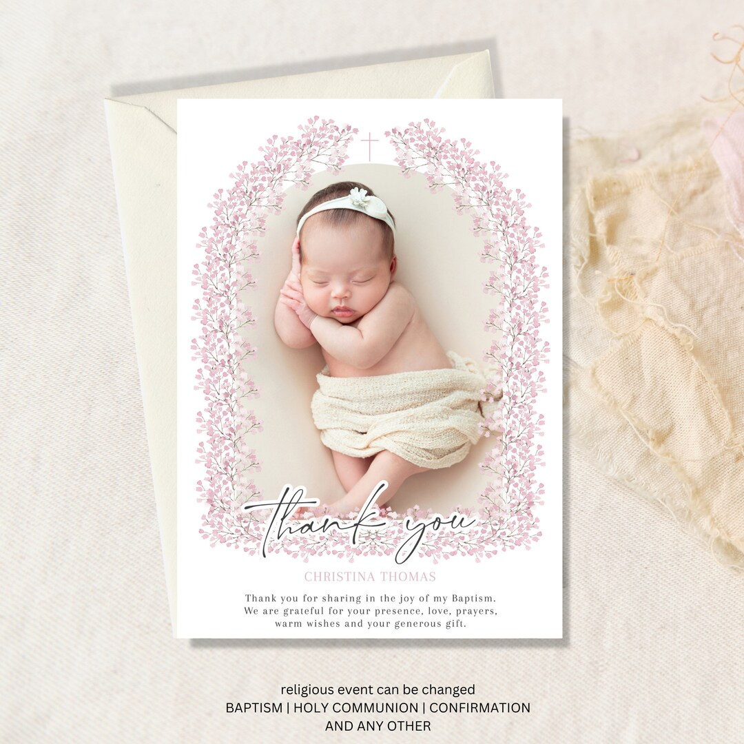 Thank You Card Baptism Girl, Christening Thank You Card, Baptism With