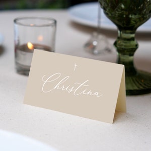 Beige Editable Place Card Template, 3.5x2" Folded, Simple script font , DIY Printable card, baptism placecard beige decor