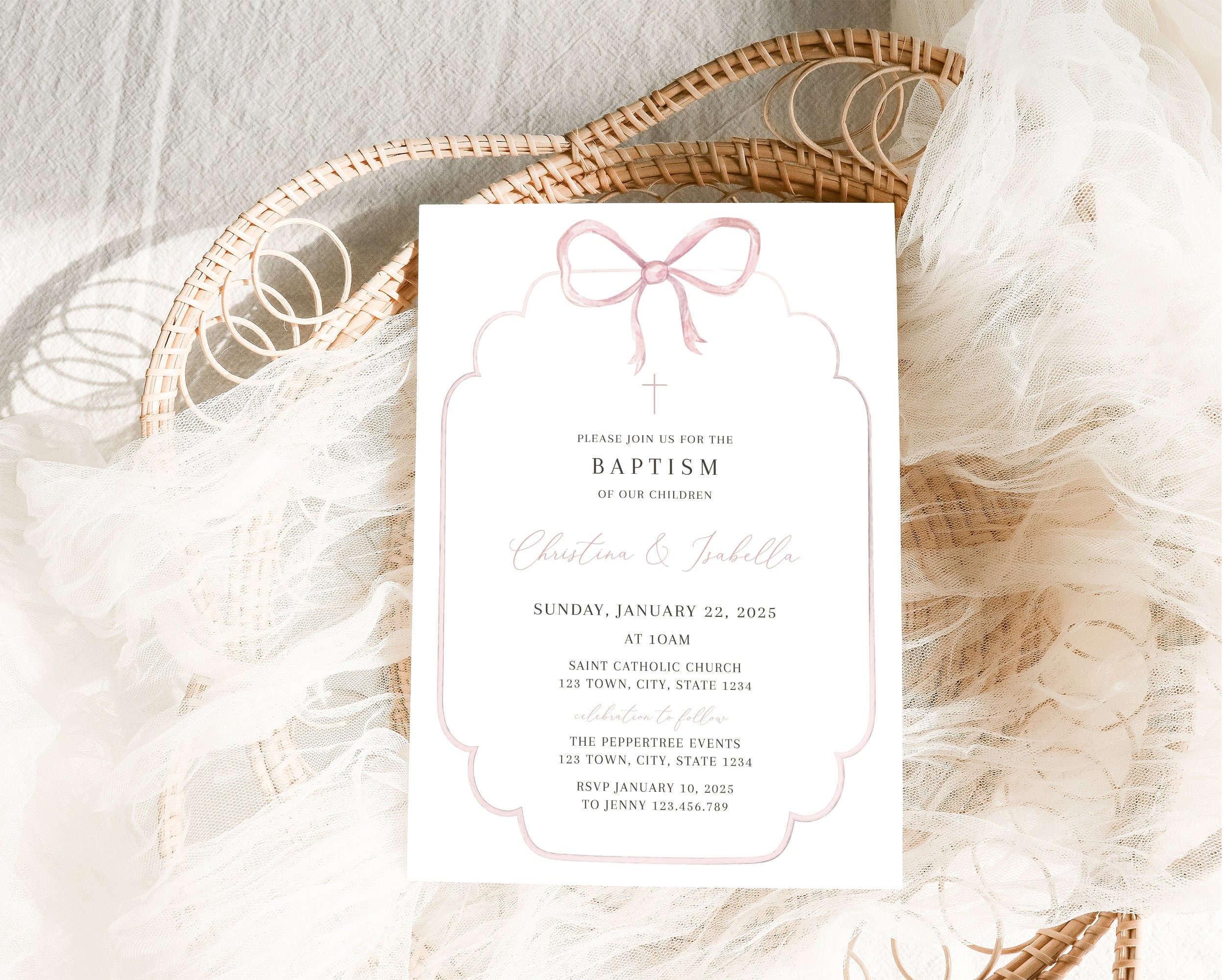 Twin baptism invitation,Pink baptism invitation Girl, Twin Christening Invitation, Vintage Pink Bow baptism invitations for triplets digital