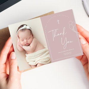 First birthday and Baptism girl Thank you card, Balloons Christening, Dusty Pink Thank you card, Girls Pink Modern, First Birthday thank you