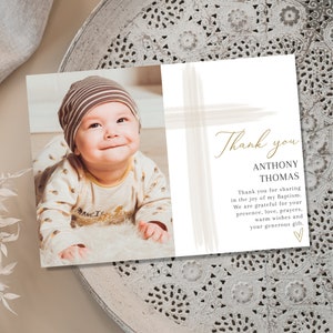 Boy Baptism PHOTO thank you card, Christening Thank you , Beige photo card, Boys Neutral Thank you card, Thank you for celebrating baptism