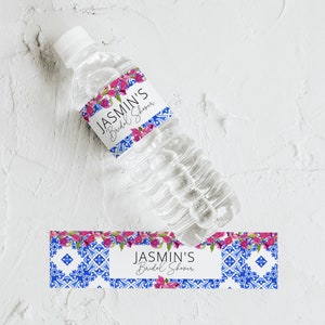 Bridal Shower Water bottle, Modern Elegant Wedding water bottle Template, Printable Wedding water bottle, Santorini Blue Tiles Bougainvillea
