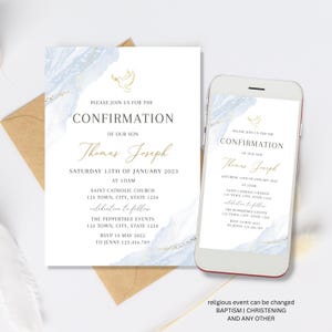 Blue Confirmation Invitation Template, boy holy spirit Invitation Template, elegant confirmation Invite, Gold simple Confirmation Invitation
