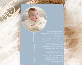 Dusty Blue Balloon Baptism Invitation: Boy's First Birthday Invite (Digital Download)