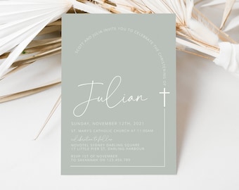 May include: A light green invitation card with white text announcing the christening of Julian. The card includes the date, time, and location of the event, as well as RSVP information.