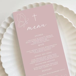 Butterfly Pink Baptism Menu, whimsical Pink Christening Menu Religious Menu for baptism decor, Pink menu with cross, "4 x 9" Printable menu