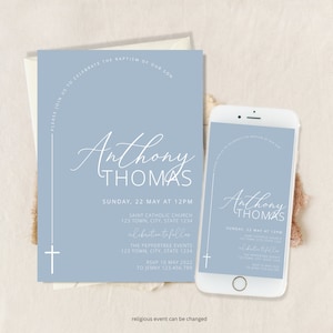 Baptism invitation Boy, Christening invitations boy, dusty blue baptism invitation, Boys Blue Invite, baptism invitation digital download