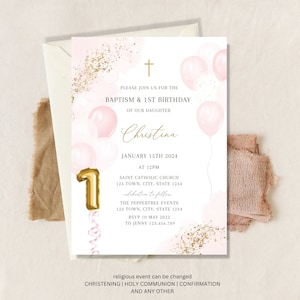 First birthday and Baptism girl invitation, Balloons Christening Invite , Gold Pink Invite, Girls Pink Modern Invite, First Birthday Invite