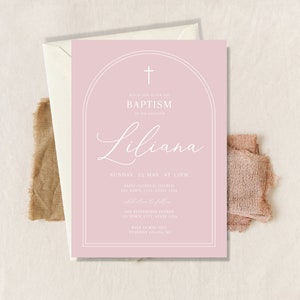 Pink Baptism Invitation Girl, Christening Invitation, Arch Baptism Invite Printable, Pink Christening Invitation, Holy Communion