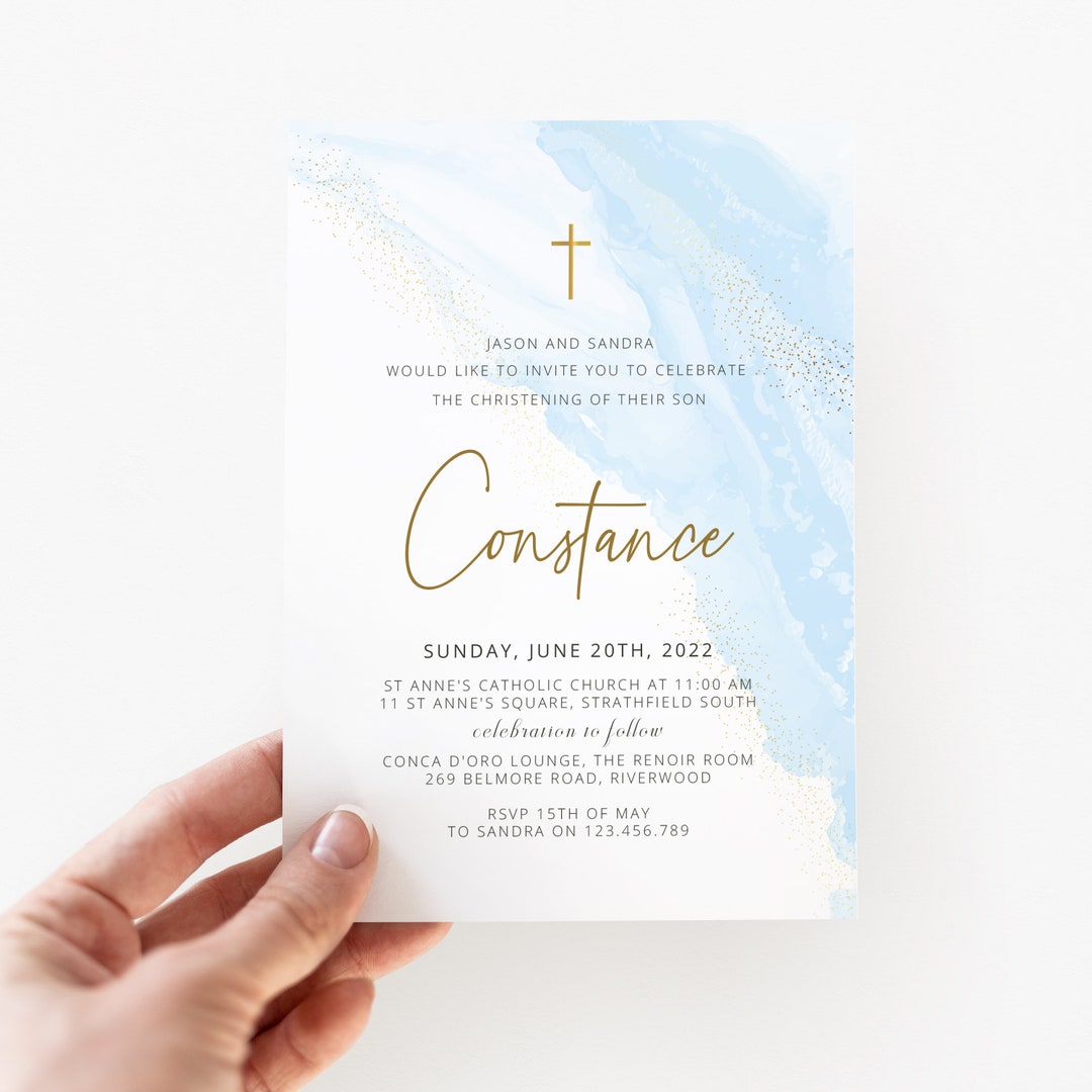 Light Soft Blue Simple Watercolour Gold Baptism / Holy Communion ...