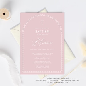 Pink Baptism Invitation Girl, Wave Christening Invitation, Arch Baptism Invite Printable, Pink Christening Invitation, Pink Holy Communion