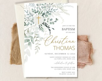 May include: A baptism invitation with a watercolor illustration of green leaves and a gold cross. The invitation is for Christian Thomas and includes the date, time, and location of the ceremony. It also includes the text "Join us for the Baptism of our son".