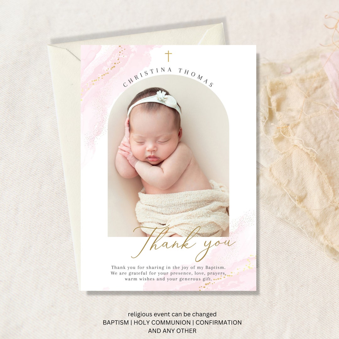 Thank You Card Baptism Girl, Christening Thank You Card, Baptism With