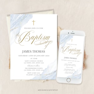 Modern Baptism Invitation, Boy Baptism Invitation Template, Blue Baptism Invite Template, Blue Watercolor Boys Blue Gold Evite