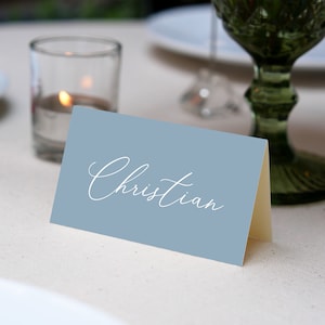 Place Cards Template, Dusty Blue Place Cards, Editable Place Cards Name, Baptism Place card blue folded, Wedding placecards Dusty Blue card