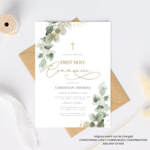 Holy Communion Invitation Template, First Holy Communion invite, Girl Communion Invite, Unisex Boy Communion Invitation Greenery communion