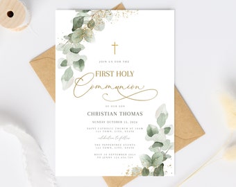 May include: A green and gold first communion invitation with a cross, floral design, and the text "Join us for the First Holy Communion of our son Christian Thomas, Sunday October 15, 2024".