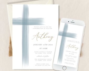 May include: A blue watercolor cross design on a white background with gold text. The text reads "Please join us for the confirmation of our son Anthony January 15th 2024 at 10 AM Saint Catholic Church 123 Town, City, State celebration to follow The Peppertree Events 123 Town, City, State RSVP 10 May 2022 to Jenny 123.456.749".