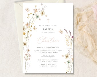 Baptism Invitation Girl, Butterfly Christening Invitation, Butterfly, Wildflower Pink Baptism, Printable Baptism Invitation, Wild Flower