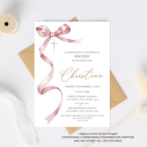 Invitacion de Bautizo, Pink spanish bautizo invitation, Pink Invitaciones Bautizo, Bow Baptism Invite, Mi Bautizo Spanish Baptism Invitation