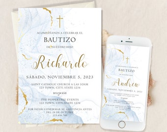 May include: A blue and gold baptism invitation with a cross and marble-like background. The invitation is for a boy named Richardo and includes the date, time, and location of the baptism. The text reads "Acompañanos a celebrar el Bautizo de nuestro hijo Richardo Sabado, Noviembre 5, 2023 Saint Catholic Church a las 10am 123 Town, City, State 1234 recepcion The Peppertree Events 123 Town, City, State 1234 Por favor confirmar su asistencia antes del 28 de Octubre 123.456.789"