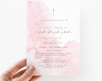 First Communion Invitation Girl, Baptism Invitation, Pink Watercolor, Pink Gold, Printable Invitation,  Pink Christening Invitation