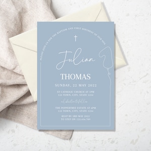 baptism and first birthday invitation, Balloons Christening Invite, Blue Invite, 1st birthday and baptism invitation, First Birthday Invite