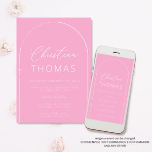 Pink Baptism Invitation Girl, Pink Christening Invitation girl, Hot Pink Baptism Invitation, Pink Christening Invitation, Baptism evite