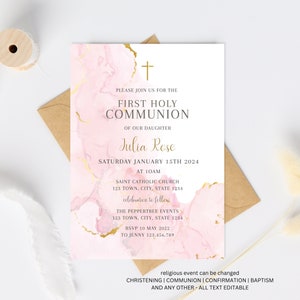 Holy Communion Invitation Template, First Holy Communion invite, Girl Communion Invite Download,  Girl Invitation Pink Text Invite