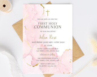 Holy Communion Invitation Template, First Holy Communion invite, Girl Communion Invite Download,  Girl Invitation Pink Text Invite