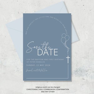 Baptism Invitation Save the Date Template, Dusty Blue Baptism Invitation Birthday,  Boy Save the date Invitation Template with balloons