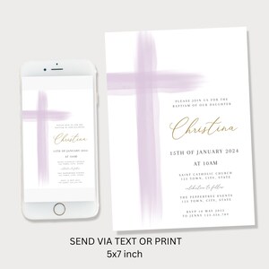 Purple Baptism Invitation Girl, Girls Christening Invitation Template, Purple Christening Invite Template, Purple Girls Baptism Invite image 3