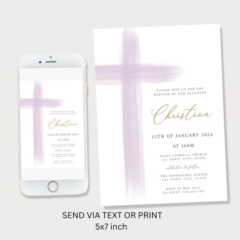Purple Baptism Invitation Girl, Girls Christening Invitation Template, Purple Christening Invite Template, Purple Girls Baptism Invite image 3