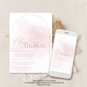 Dusty Pink Baptism Invitation Girl, Christening Invitation, Arch Baptism Invite Printable, Pink Christening Invitation, Holy Communion