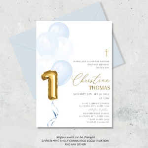 First birthday and baptism boy invitation, Blue Balloons Birthday Invite Editable Gold White Baptism and Christening Invite