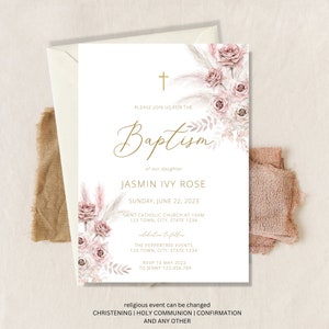 Pampas grass Baptism Invitation template Pink Boho Pampas Baptism Invites Printable Christening Invite Gold cross baptism Bohemian