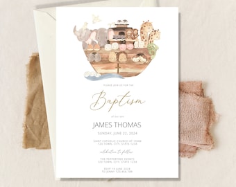 Noah's Ark Baptism Invitation, Noah's Ark Christening Invite, 1st Birthday Noahs Ark Cute Animals Invite, Baptism invite boy animals digital