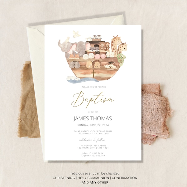 Noah's Ark Baptism Invitation, Noah's Ark Christening Invite, 1st Birthday Noahs Ark Cute Animals Invite, Baptism invite boy animals digital