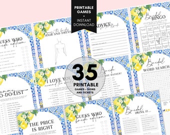 Bridal Shower Game Bundle, Mediterranean Lemon Bridal Shower Games Printable, Name and Questions, 35 bridal GAMES Italian tiles lemon bridal