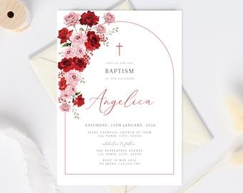 Girl Baptism Invitation, Red and Pink Rose Baptism Invite, Floral Christening Invitation, Editable Baptism Template