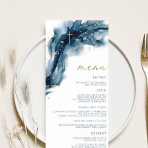 Navy Blue Baptism Menu, Navy Blue Christening Menu, Religious Menu for baptism decor, Blue menu with cross, "4 x 9" DIY Printable menu card