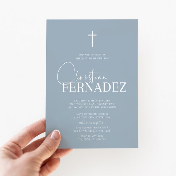 Dusty Blue DUCK FOG Invite Editable Gold White Baptism / Holy Communion / Confirmation Cross Invitation digital download