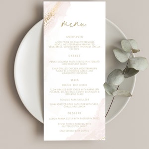 May include: A pink and gold menu with a watercolor background. The menu lists the following courses: Antipasto, Entree, Main, and Dessert. The menu items include braised beef cheeks, roasted pork shoulder, and sticky toffee pudding.