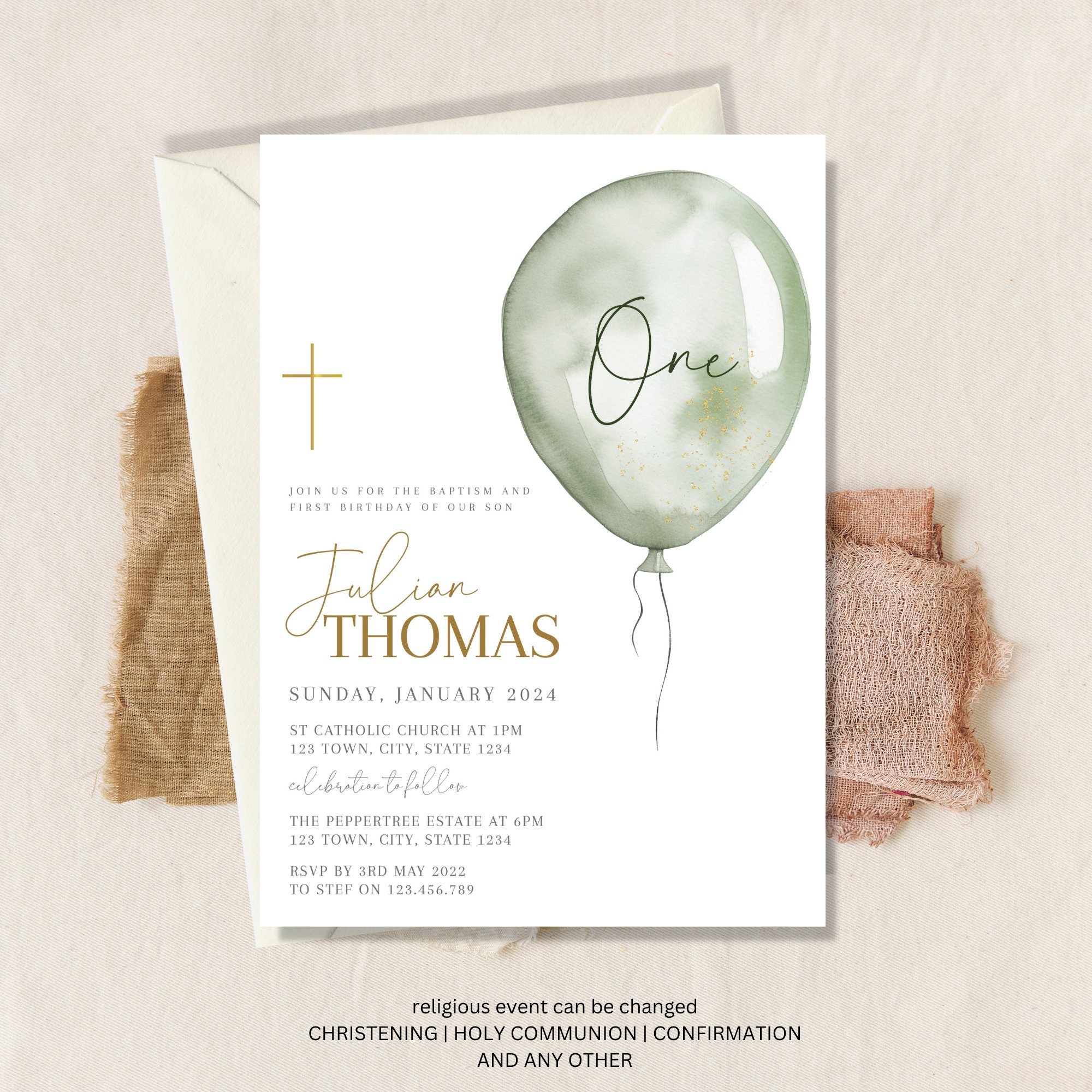 First birthday and Baptism boy invitation, Balloons Christening Invite , Sage Green Invite, Boys green balloon Invite, First Birthday Invite