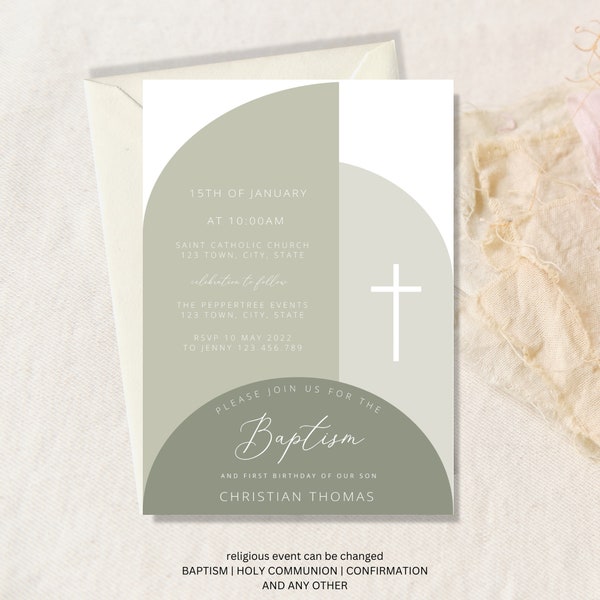 Boy Baptism Invitation, Christening Invite , Dusty Green Invite, Boys Green Christening Invite, Baptism Invite, First Birthday Invitation