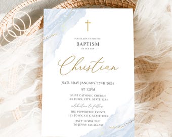 Boy Baptism Invitation, Christening Invite, baptism invitation digital download, boy blue invite, invitacion bautizo niño, modern boy invite