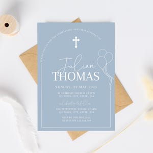 First birthday and Baptism boy invitation, Balloons Christening Invite , Dusty Blue Invite, Boys Blue Orthodox Invite, First Birthday Invite