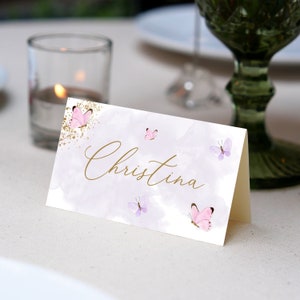 Pink Purple Gold Butterfly watercolor Editable Place Card Template, 3.5x2" Folded, Simple Handwritten script font , DIY Printable  card