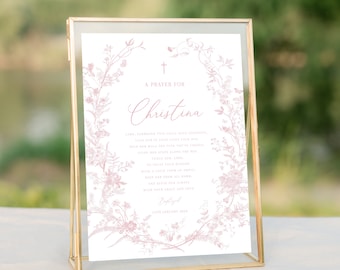 Pink baptism prayer sign template,  Boho Pink flower prayer sign, printable baptism gift, editable baptism prayer, custom girl baptism