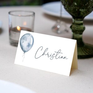 Blue Balloon Place Cards | Simple Place Cards Birthday Table Name Cards | Baptism Place Card | Editable Template | Baptism gold cross